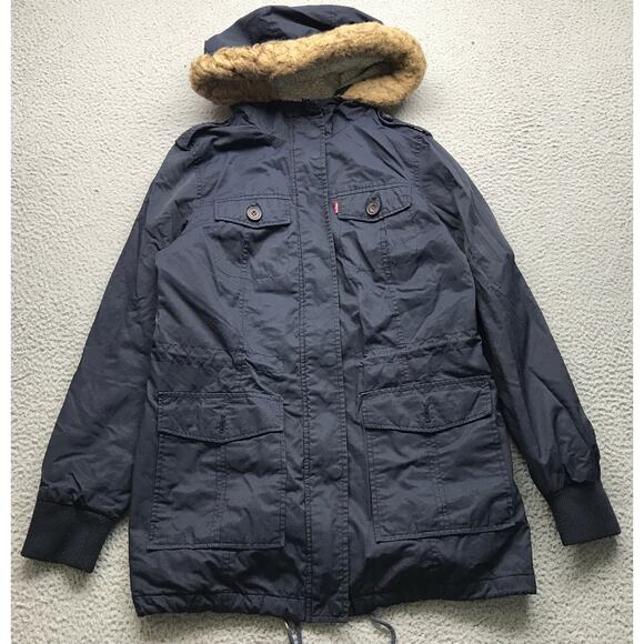 Levis Fleece Lined Faux Fur Hooded Parka Jacket Mens Medium Long Sleeve Navy - Picture 1 of 9